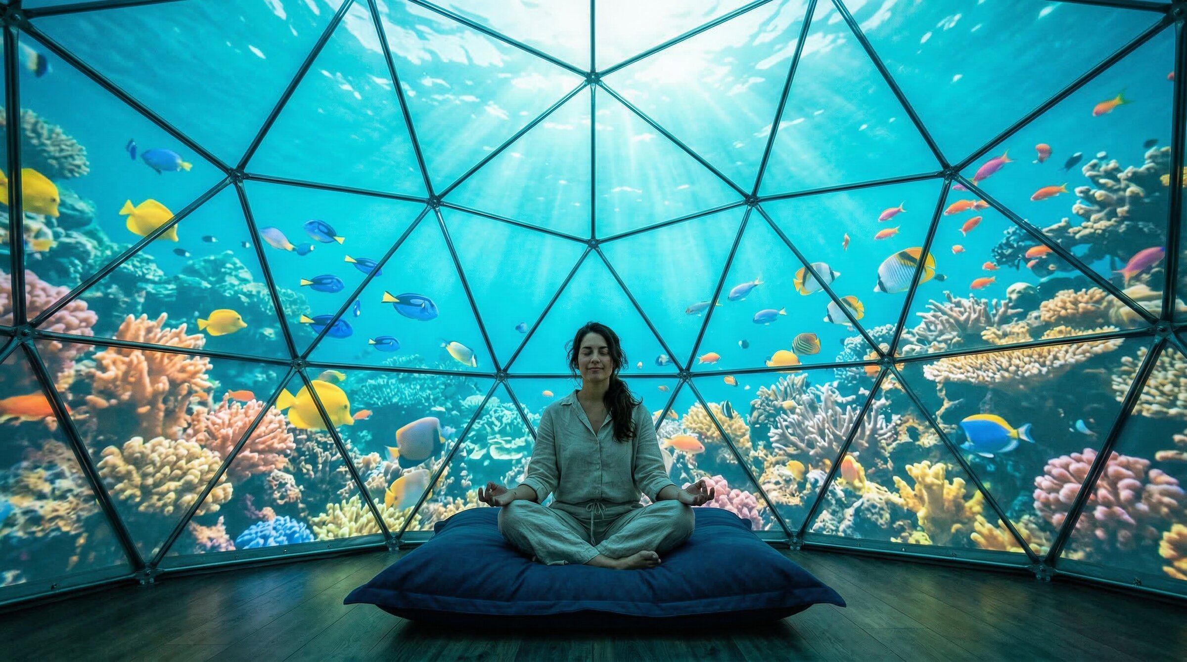 Person meditating inside dome projecting vivid underwater coral reef