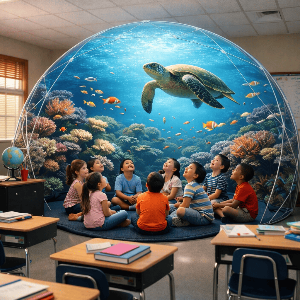 Children sitting inside an Ellie dome in a K-12 classroom, coral reef projected above them