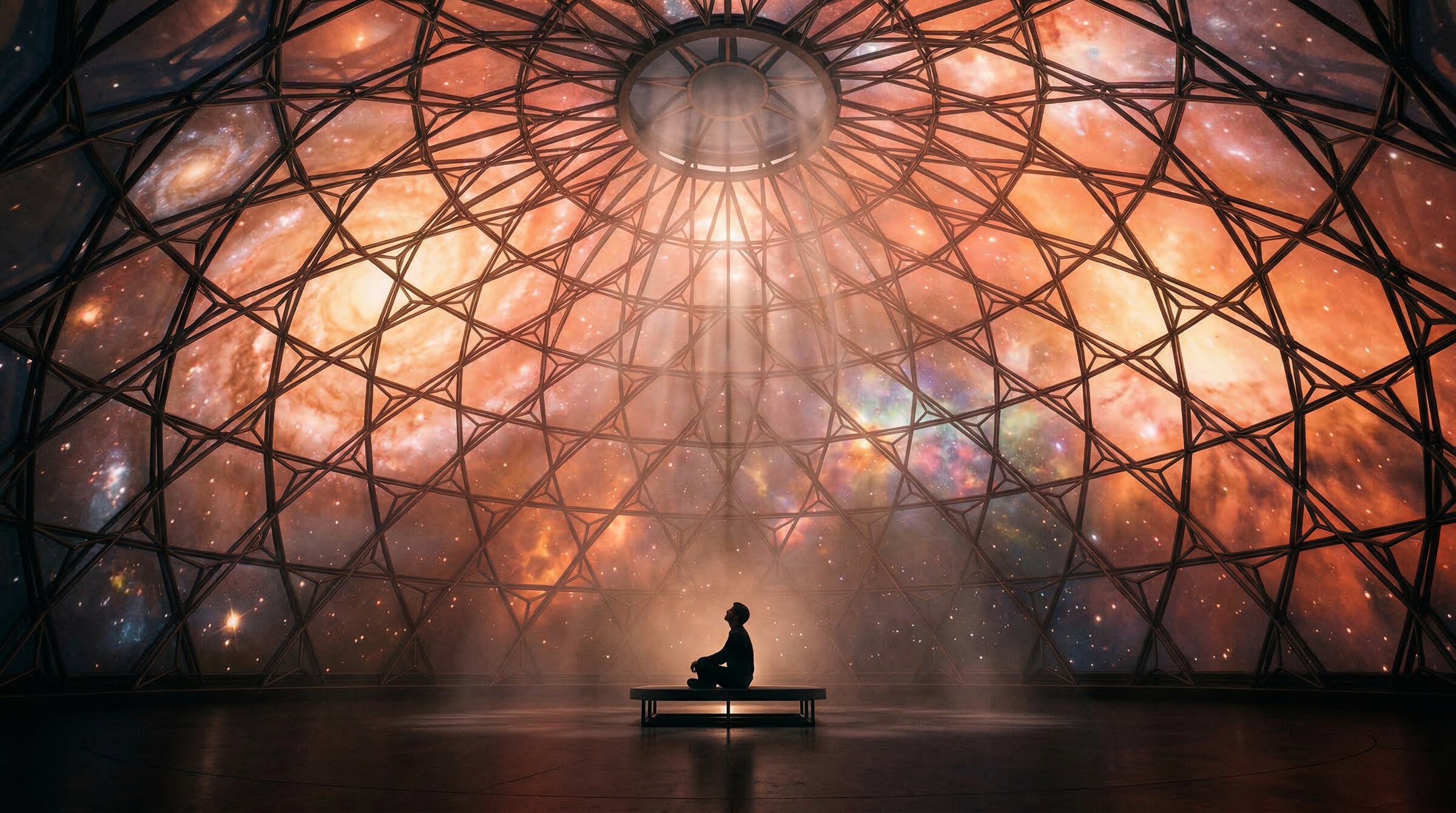Inside an immersive dome, galaxies projected above, a figure seated in warm light