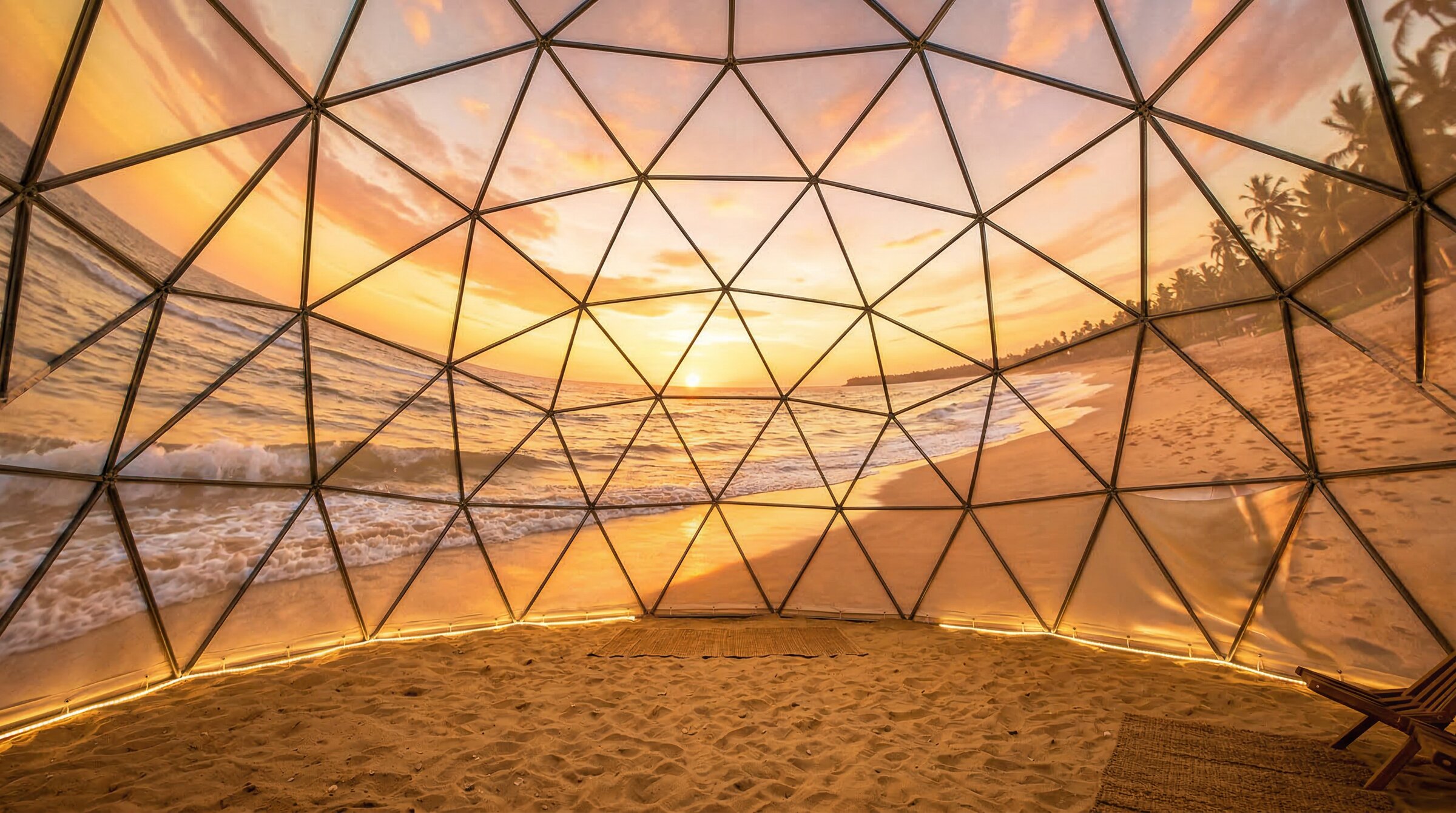 First-person view inside the dome — beach sunset projected in 360 degrees, real sand on the floor