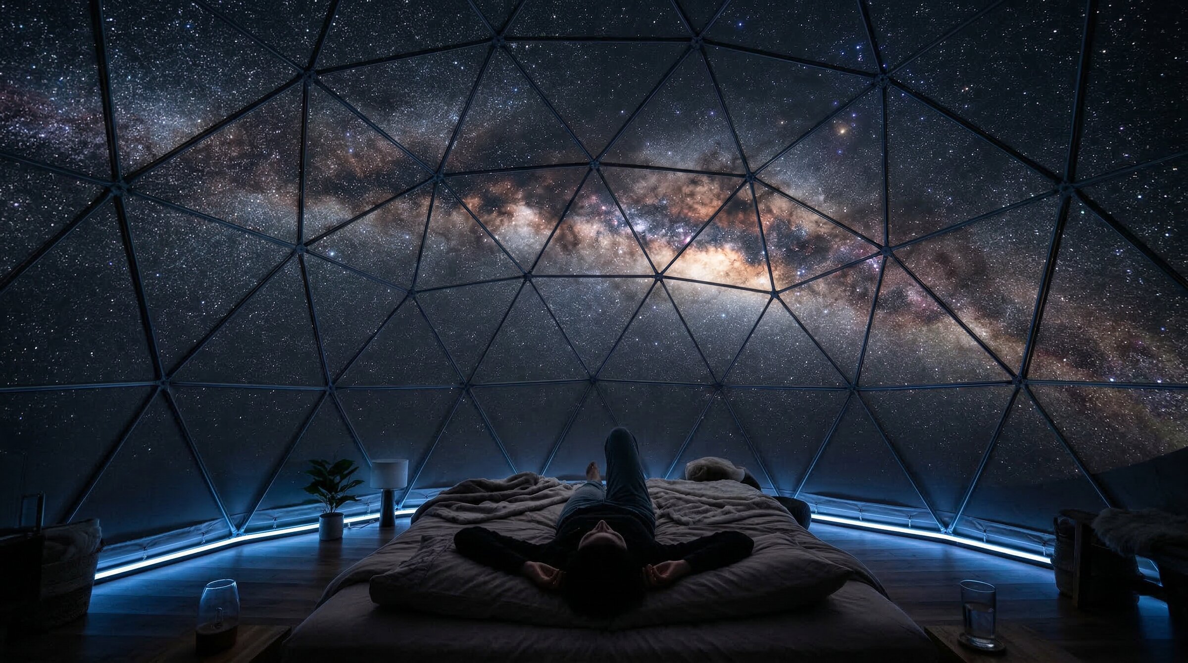 Person lying on a bed inside the dome, Milky Way galaxy projected across the entire ceiling