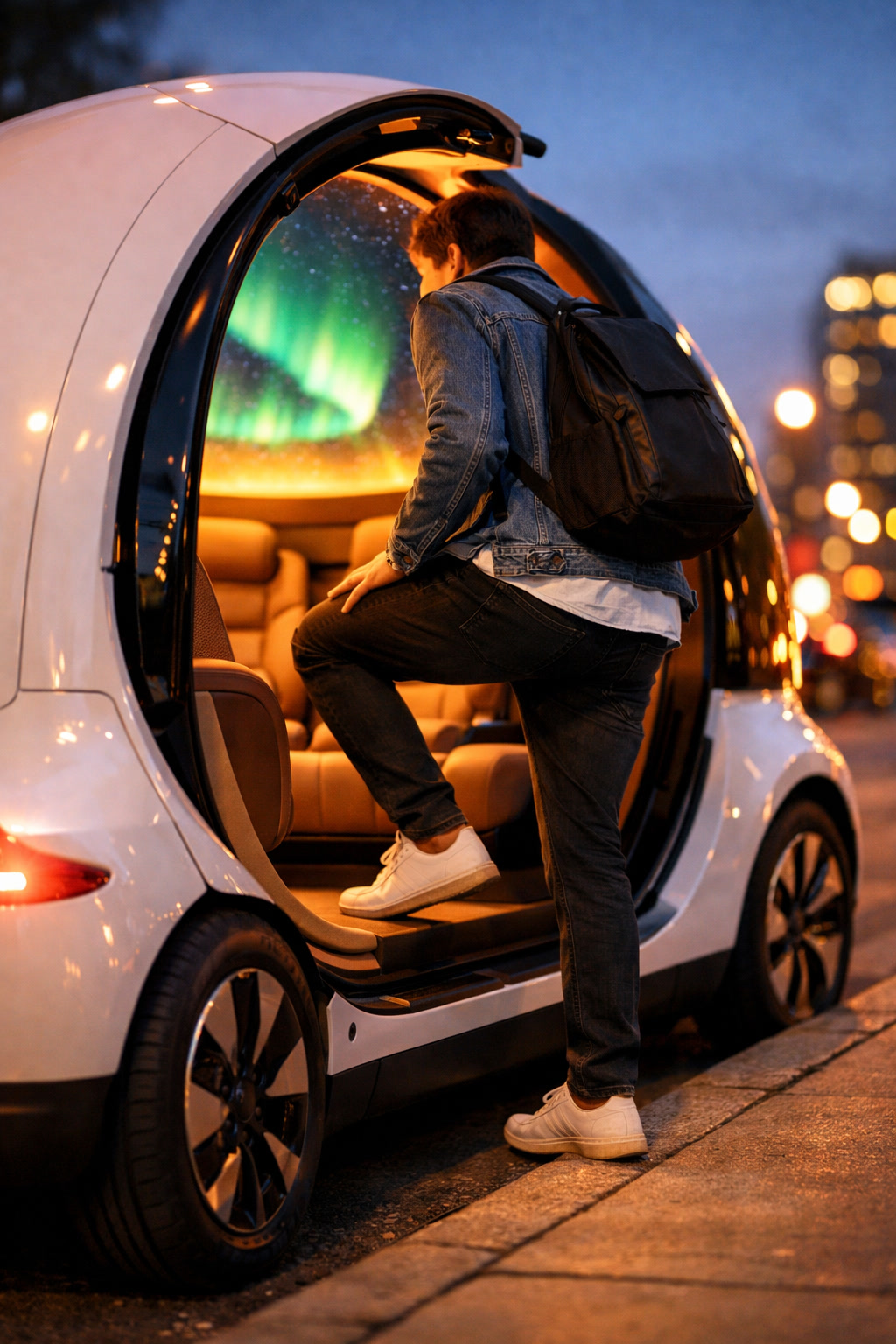 Person stepping into an Ellie Transit vehicle at night, aurora borealis visible inside the dome