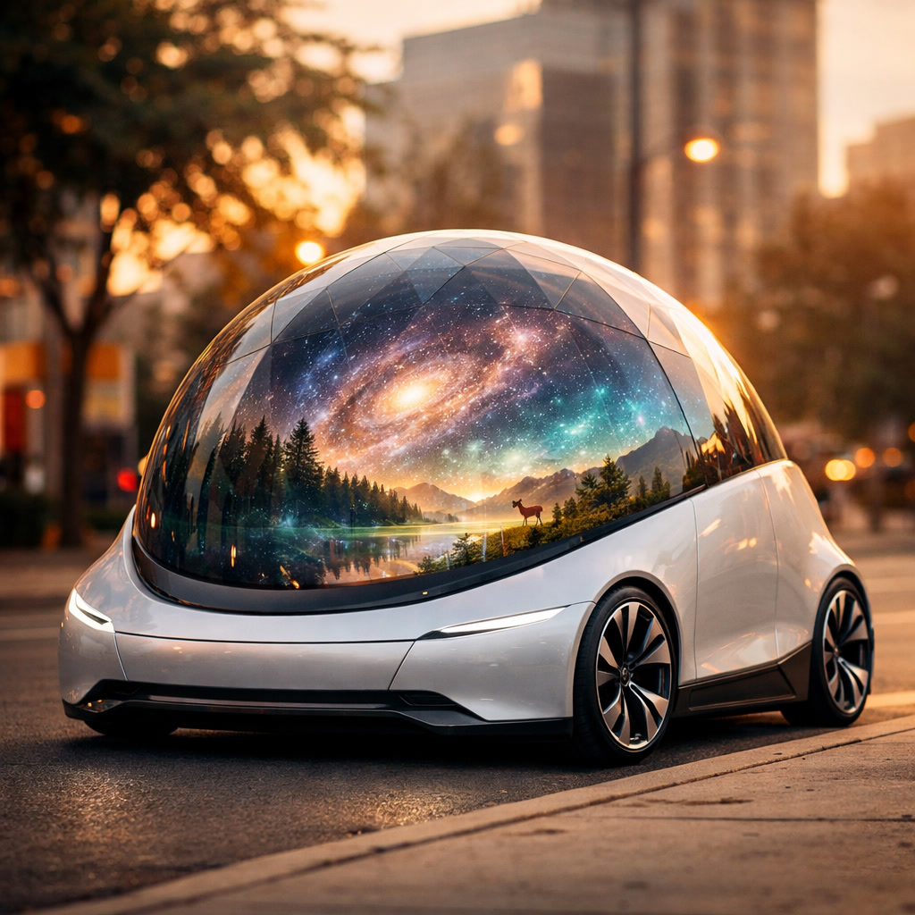 Sleek autonomous electric dome vehicle with wheels, parked on a city street at golden hour